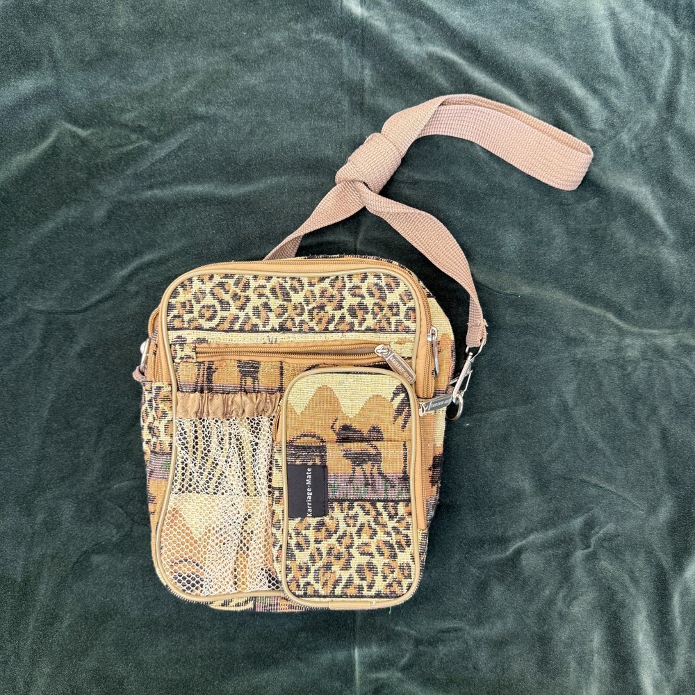 Vintage Karriage-Mate Safari Tapestry Crossbody Bag Leopard Print Mesh Pockets